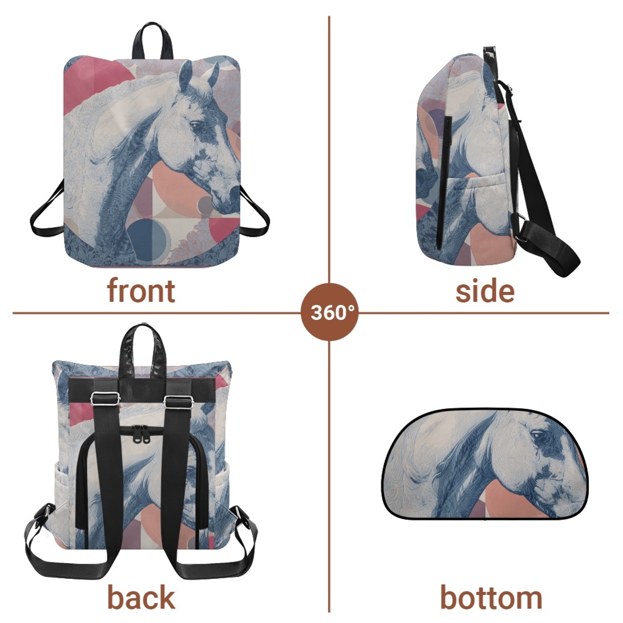 Custom H Designer Fashion Anti Theft Backpack Luxury Horse Pattern Unisex Full Print Backpack Laptop Bag Travel Bag H24