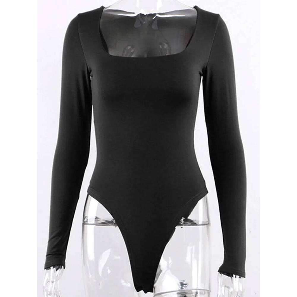 Bodysuit Long Sleeve Women Body streetwear dropshipping Forefair Sexy Bodycon Square Neck Sheath Crotch Basic Black Overalls Top