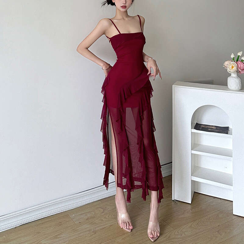 2026 Summer New Fashion Sexy Ruffled Hem Patchwork Elegant Slit Dress for Women