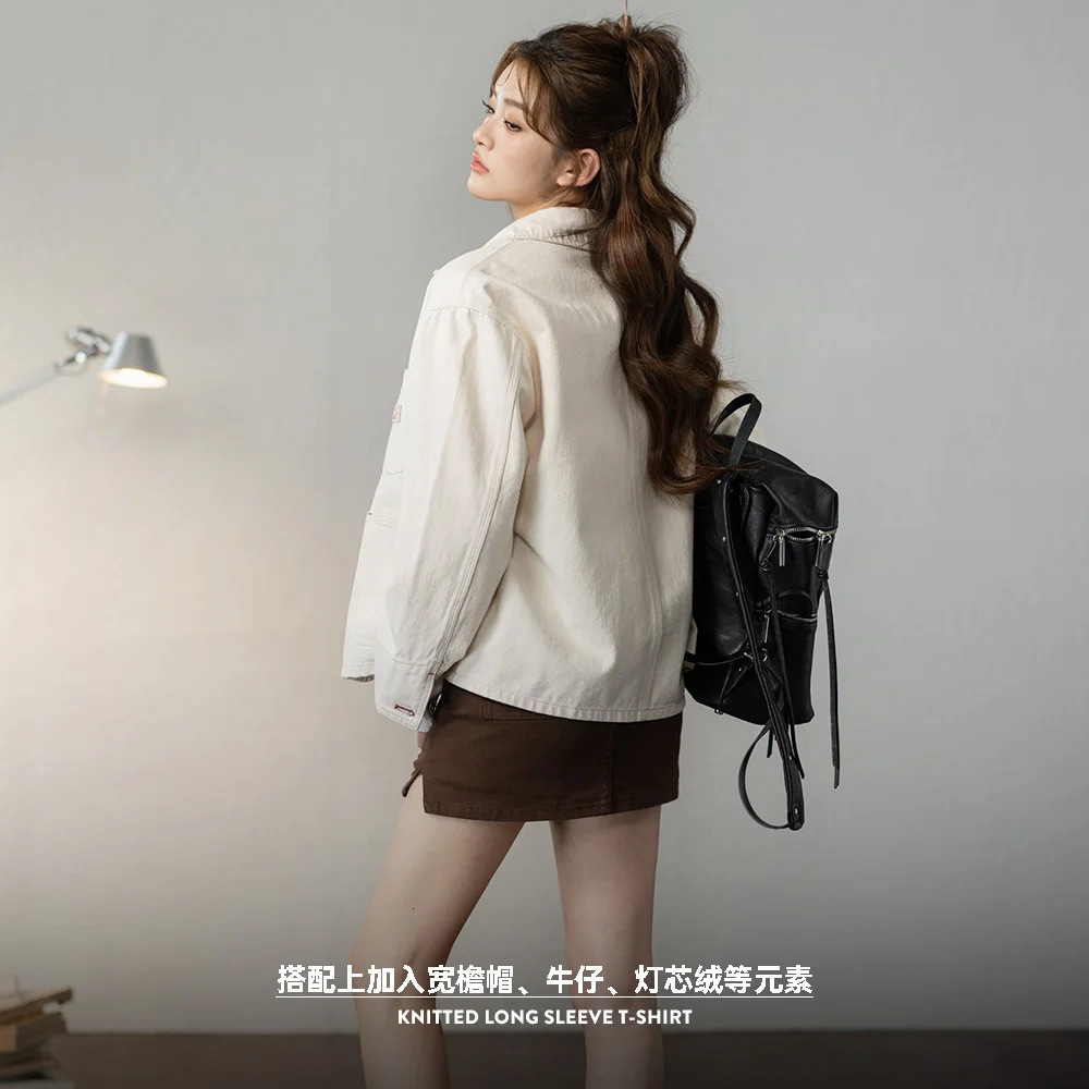 Maden Vintage White Denim Coat 112OZ Turndown Collar Jacket Loose Casual Single Breasted Women Clothing 251231