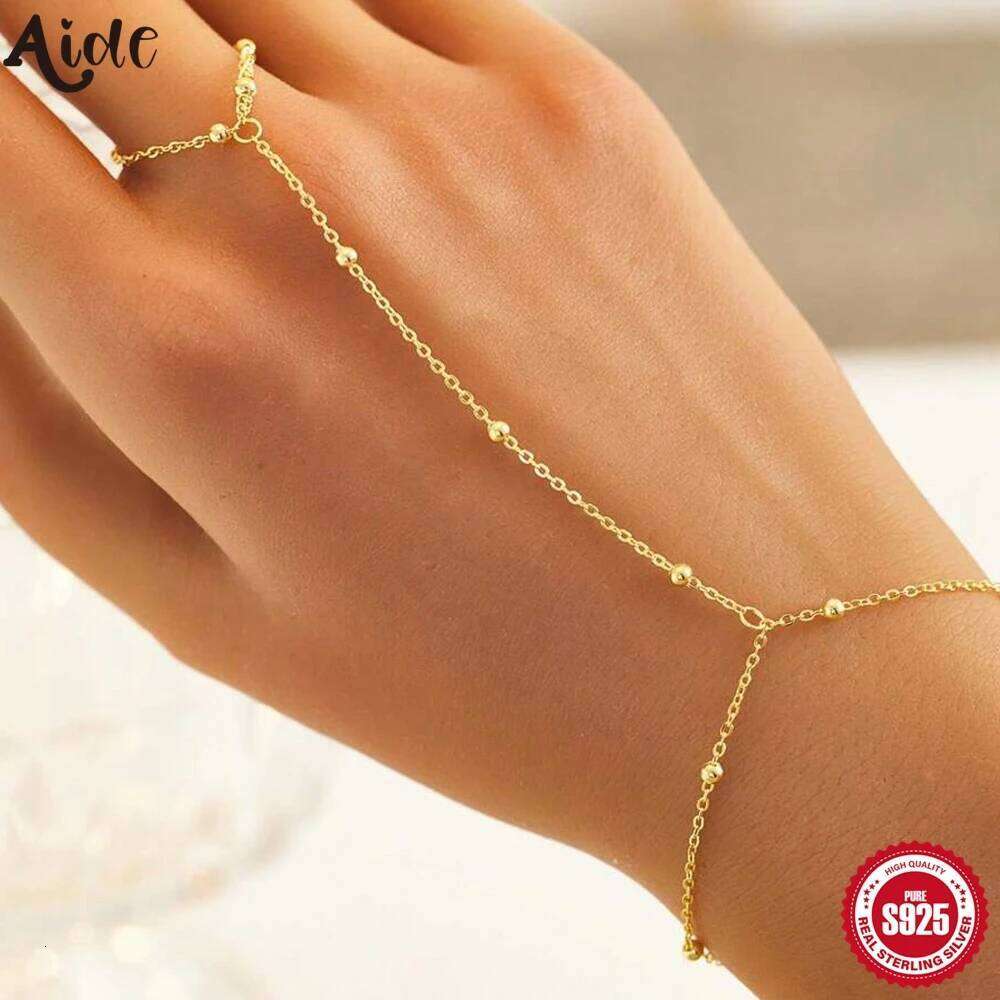 Aide Quality 925 Sterling Silver Gold Color Micro Pave CZ Station Charm Chain Bracelet With Ring Fashion Wrist Jewelry For Women