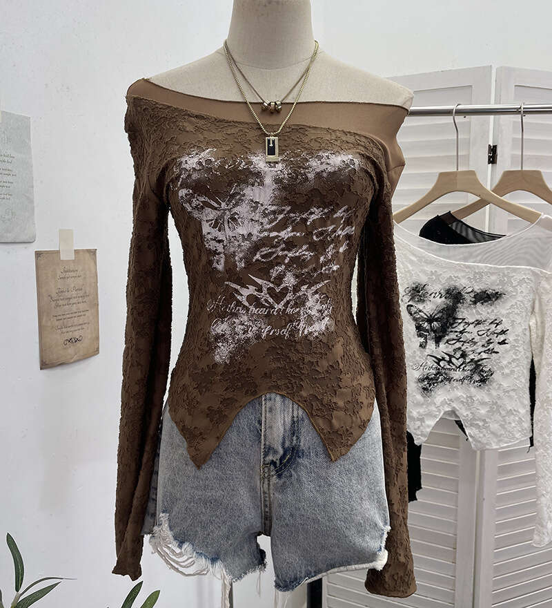 Real Shot Wasteland Style Butterfly Graffiti Mesh Patchwork Textured Long Sleeve T-Shirt Hot Girl Short Slim Top 2753