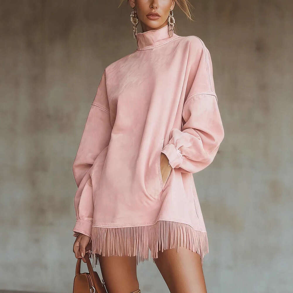 2026 New European and American Cross-Border High Neck Suede Retro Loose Pocket Tassel Long Sleeve Dress