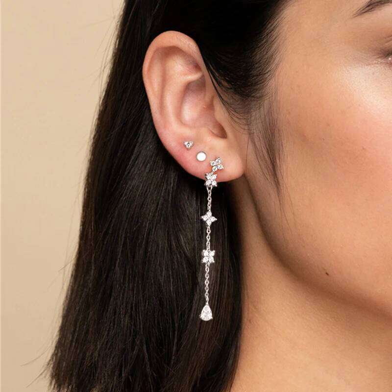Aide 925 Sterling Silver Cross Long Tassel Drop Earrings For Women Girls Flower Rhinestone Chain Dangle Earring Brincos Jewelry