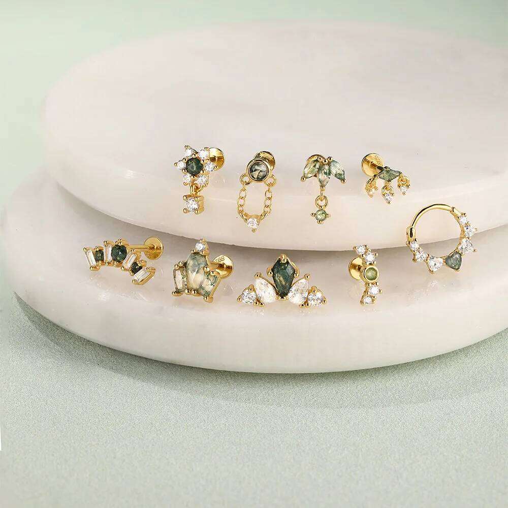 Aide 1pc 925 Sterling Silver Handmake Green Agate Piercing Stud for Women Chains Earrings Student Party Gifts Jewelry