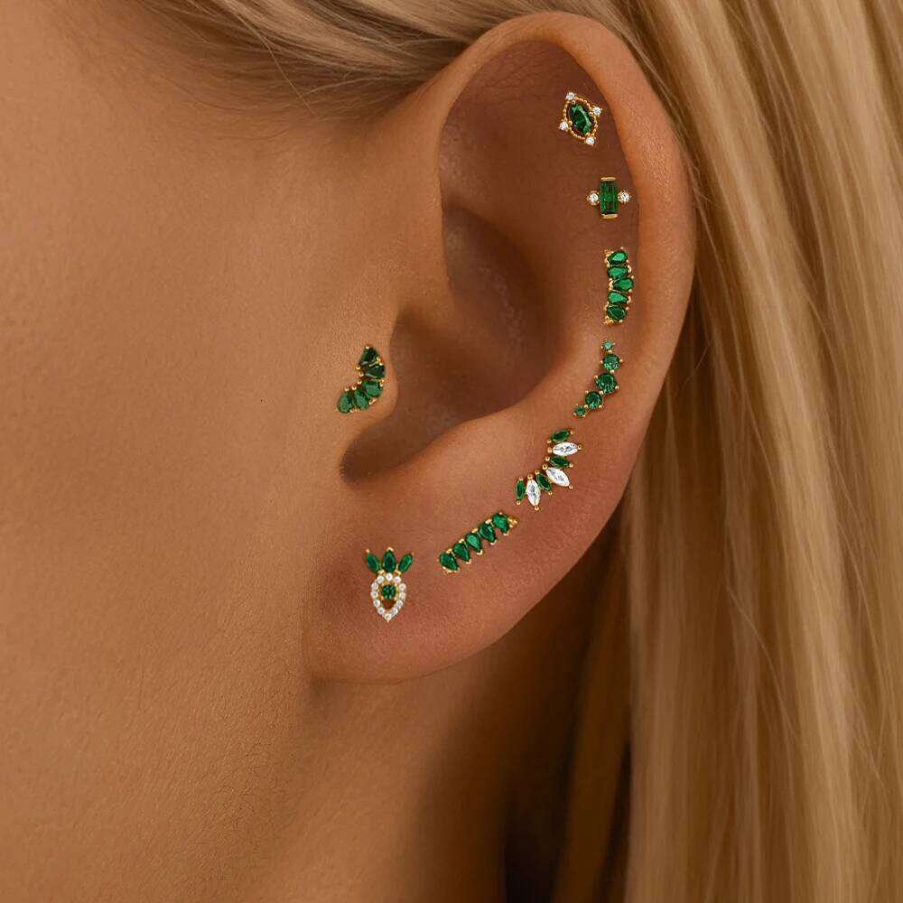 Aide 1PC Zircon Flower Cluster Cartilage Piercing Stud Earring 925 Silver Green Diamond Helix Conch Screw Back Ear Bone Jewe