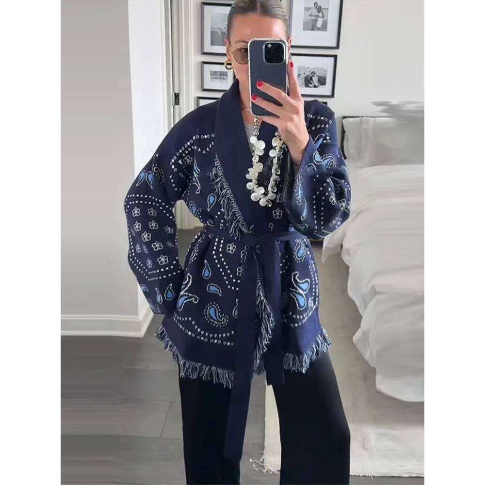 Vintage Tassels Women's Print Cardigan V-Neck Lace Up Full Sleeve Spliced Sweaters Autumn Lady All-Match Kintwears