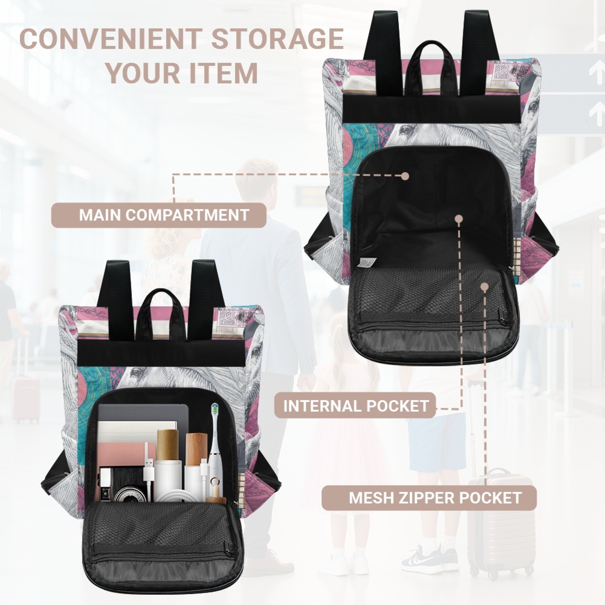 Custom H Designer Fashion Anti Theft Backpack Luxury Horse Pattern Unisex Full Print Backpack Laptop Bag Travel Bag H42