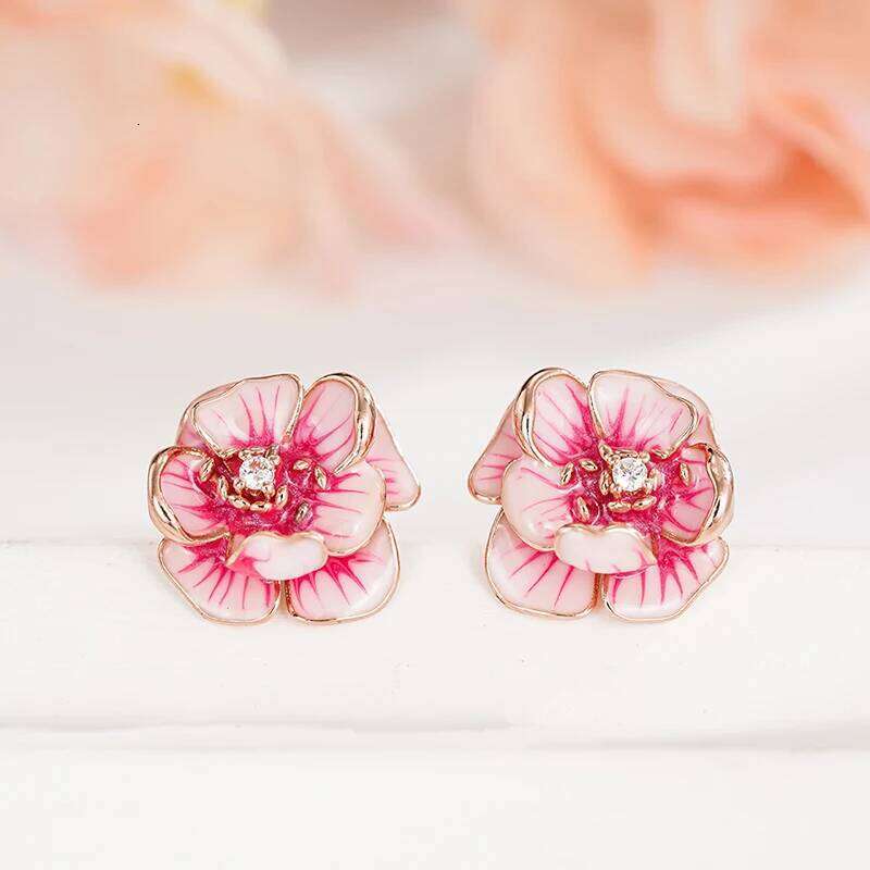 Huitan Sweet Pink Flower Stud for Women Handmade Enamel Rose Gold Color Aesthetic Female Ear Earrings Statement Jewelry