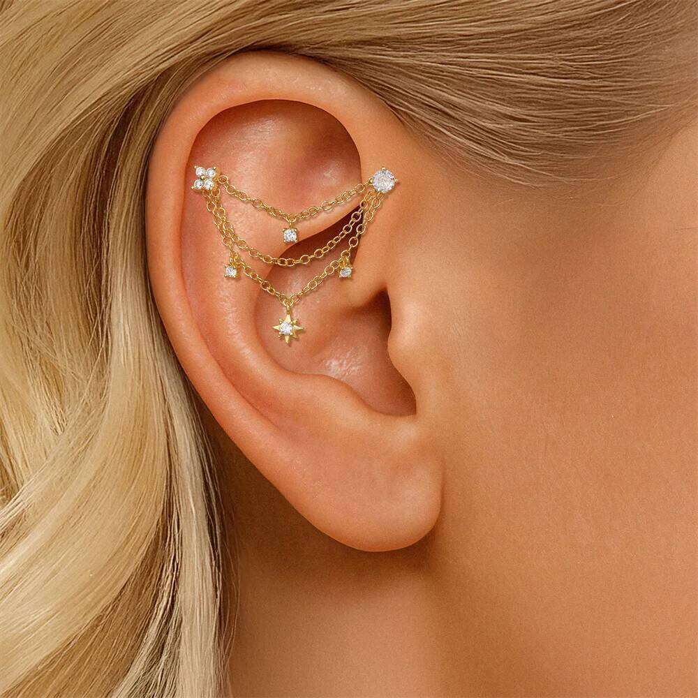 Aide 1PC 925 Sterling Silver Clean Zircon Crown Tassel Puncture Thread Flat Earring For Women Ins Cartilage Ear Studs Jewelry