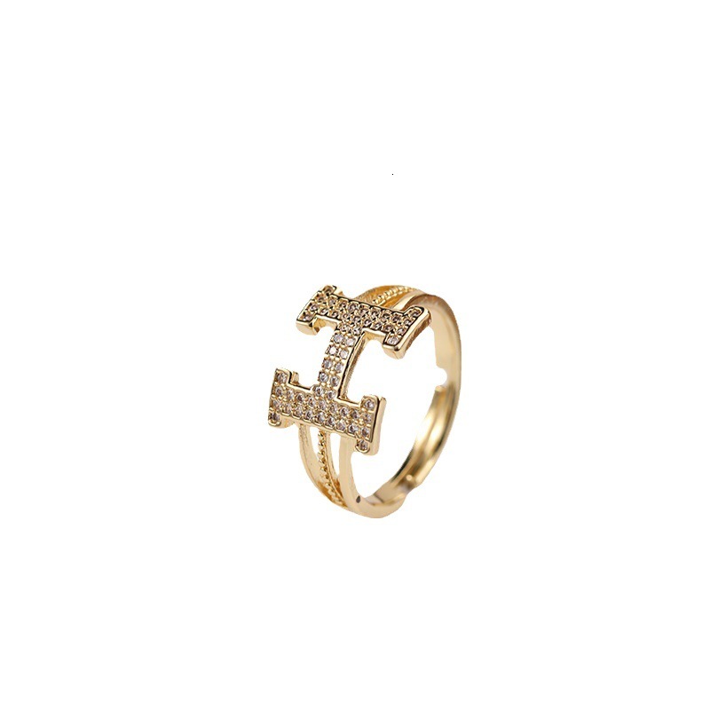 Luxury Brand Designer Jewelry Exaggerated Personality European And American Fashion Zircon Letter H Ring Korean Version High-End Niche Personality Ope