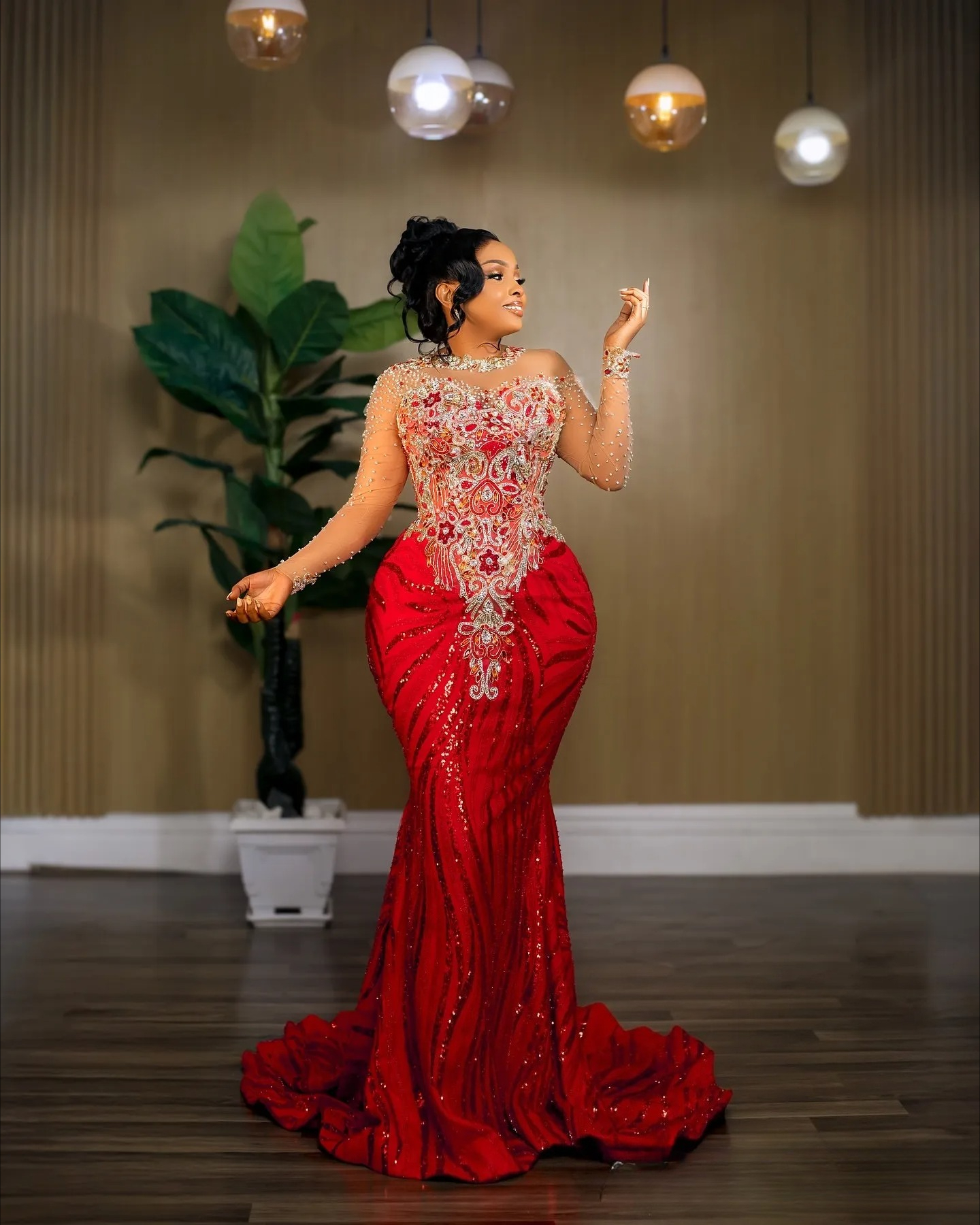 Red Mermaid Prom Dresses 2026 Beaded Lace Full Sleeves Sparkly Evening Formal Party Second Birthday Engagement Gowns Plus Size Dress For Special Occas