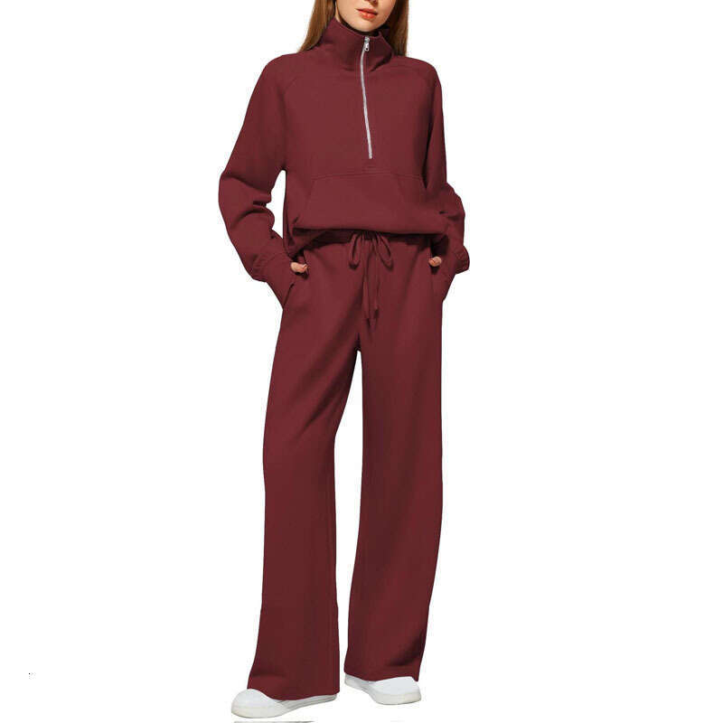2026 European and American Women's Two-Piece Set Large Half-Zip Sweatshirt Wide-Leg Sweatpants Casual Outfit for Women