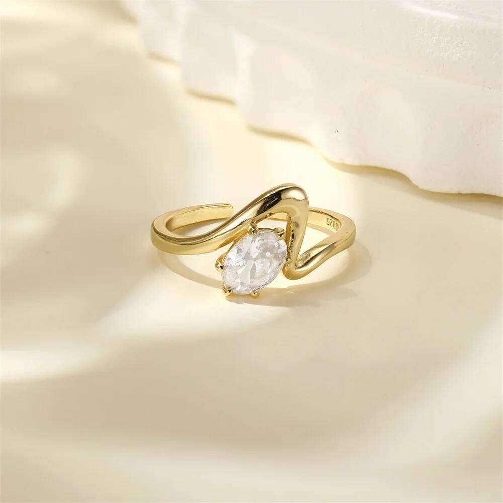 Aide 925 Sterling Silver Big Waterdrop Zircon Wavy Ring INS Fashion Minimalist Geometric Lines Wedding Party Anillo Jewelry