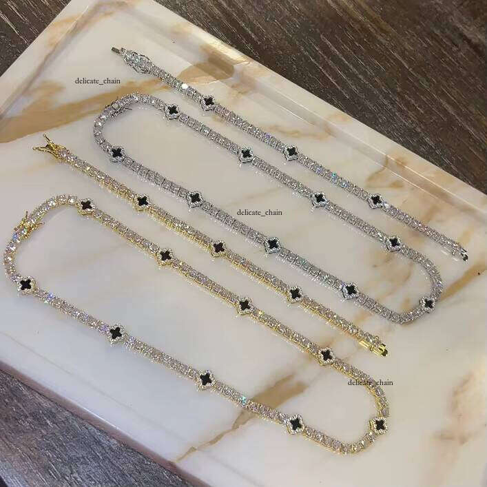 Women's Gold-Plated Pearl Tennis Bracelet Chain VVS Moissanite Diamond Jewelry Set Hip-Hop Iced Black Clover Necklace