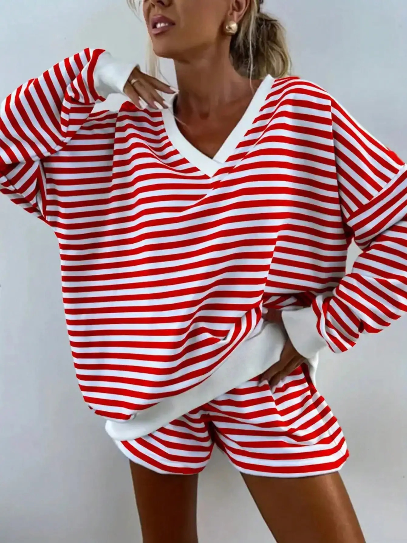 Womens Casual Striped Set Longsleeved Vneck Loose Top and Sports Shorts 2piece 251231
