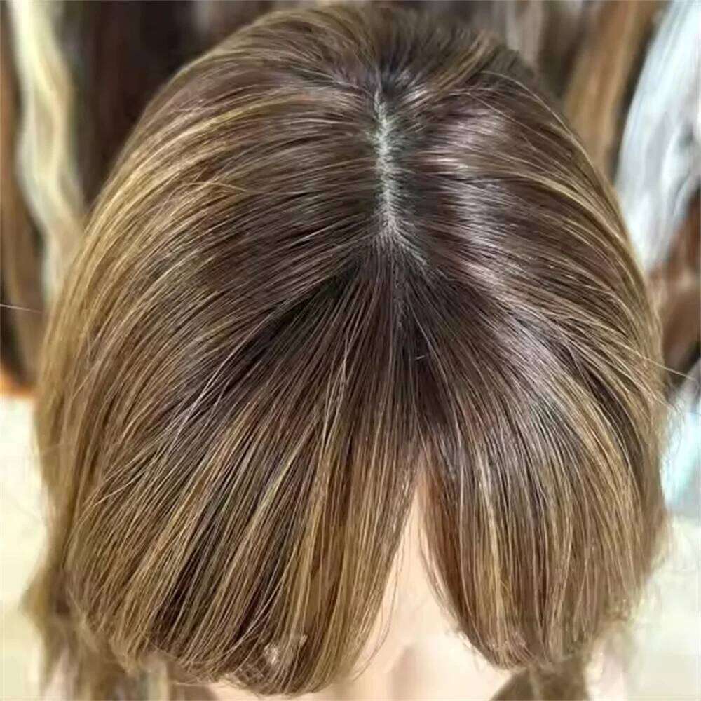 Chocolate Brown with Bangs Caramel Blonde Highlights 13x4 Lace Front Wigs Synthetic Glueless Wig Natural Wave Realistic