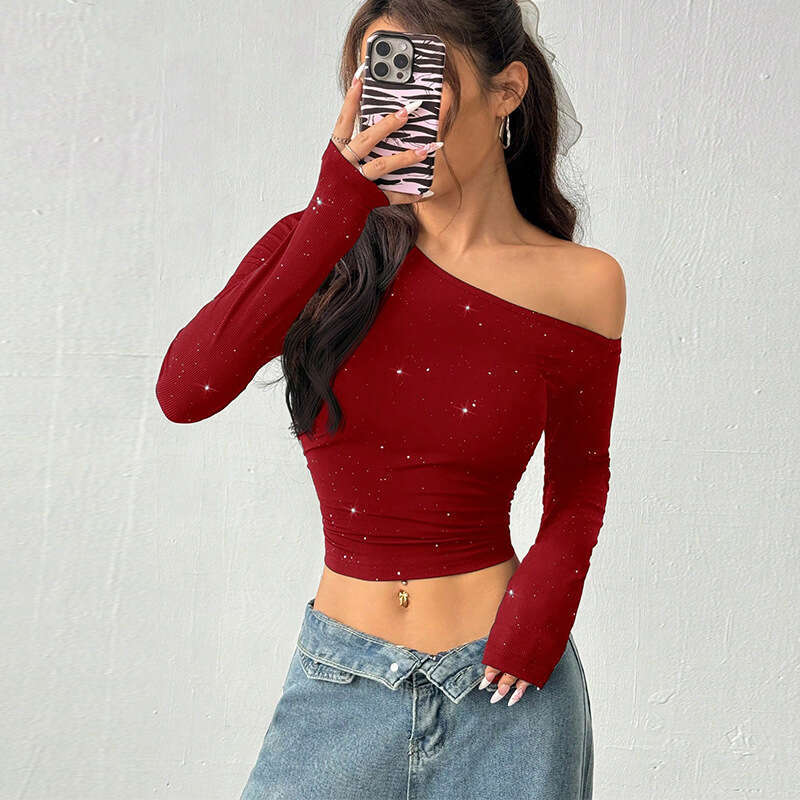 Cross-Border European and American Hot Girl Rhinestone Off-Shoulder Long Sleeve T-Shirt for Women 2026 Spring Export Ins Slim Fit Knitted Base Shirt