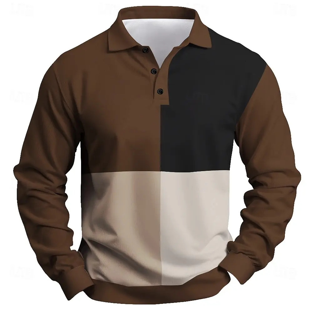 Fashion Mens Color Block Long Sleeve Polo Shirt Breathable Casual Tops Slim Fit Quick Drying Classic Collar Polo Shirt 251230
