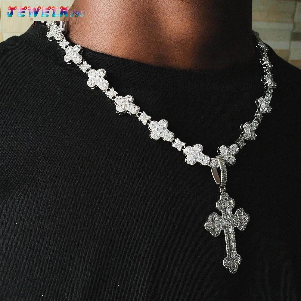 In Stock Iced Out Bling Rectangle Cubic MoissaniteVVSia Moissanite Hip Hop Cross Pendant Necklace Cross Chain Fine Jewelry Set for Men
