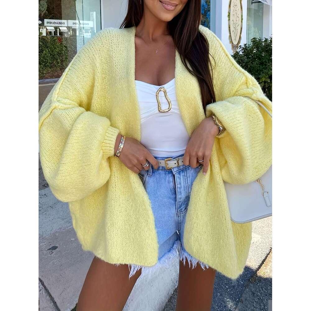 Autumn Winter New Lantern Sleeve Knitted Cardigan for Women Korean Lazy Style Bark Texture Loose Coat