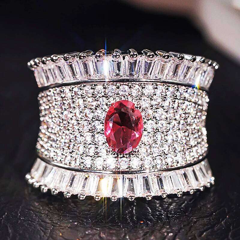 Huitan Full Bling Iced Out Red CZ Rings Women for Wedding Cocktail Party Gorgeous Lady Anniversary Gift Sparkling Trendy Jewelry