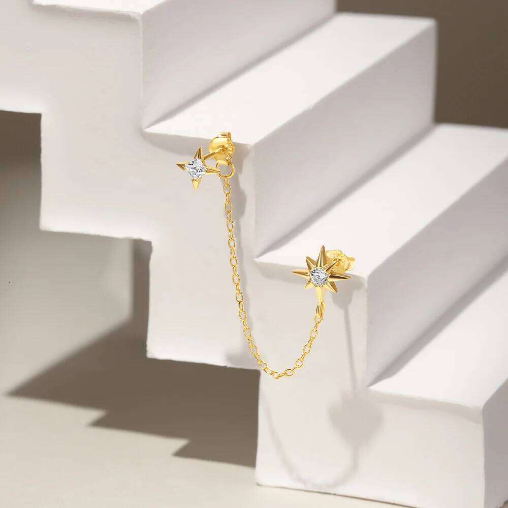 Aide 925 Sterling Silver Double Chain Earrings Women Shiny Mini Zircon Single 1PC Ear Studs Fine Gifts Wedding Jewelry