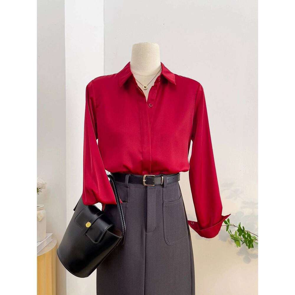 Women's fashion button up lapel office women's long sleeved casual shirt, loose top