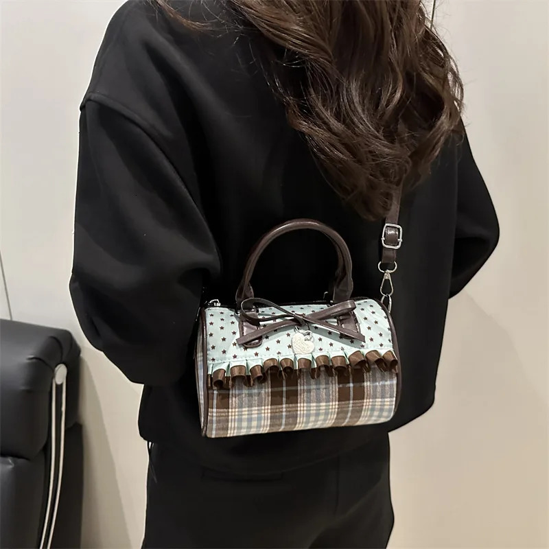 Sweet Bow Crossbody Pillow Bags Versatile Vintage Plaid Ladies Shoulder Bag Lightweight Portable Women Handbag Purse 251231