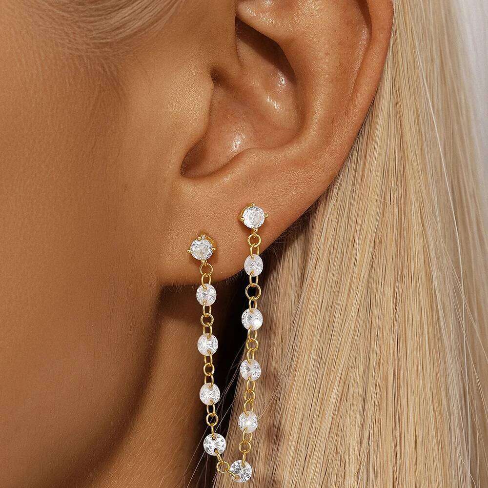 Aide Single 1pc 925 Sterling Silver Double Pierced Chain Zircon Lucky Stud Earrings Female Temperament Lover Party Birthday Gift