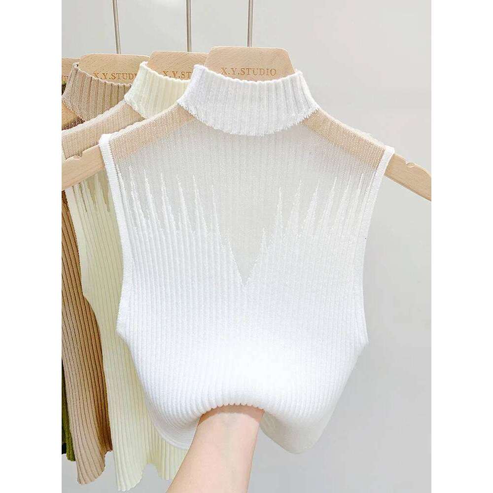 Mesh Knitted Women Y2K Tank Half Neck Vest Female Sleeveless Sweater Chic Cut Out Streetwear Solid Skinny Tube Top