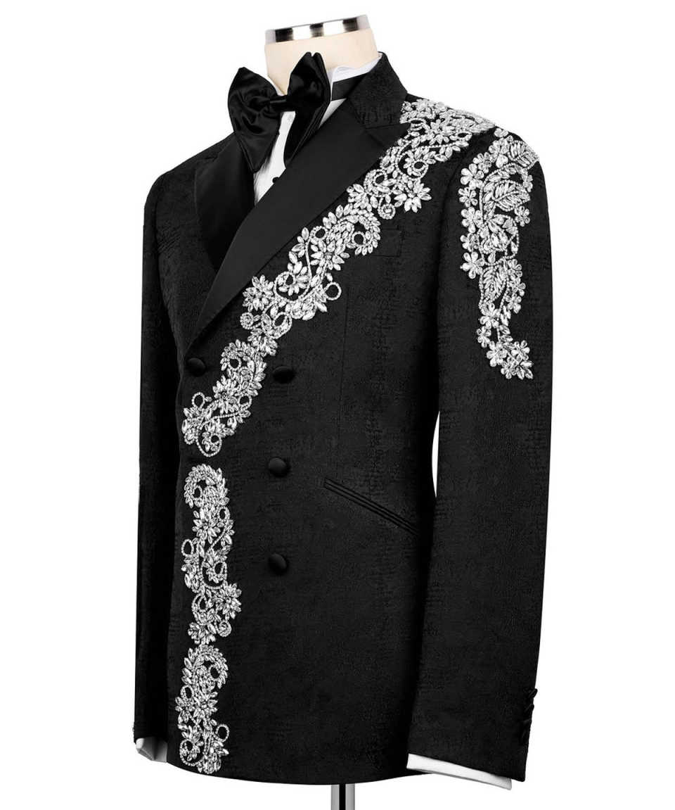 Handsome Jacquard Men Suits Double Breasted Peaked Lapel Jacket Blazers Crystals 2 Pieces Customized Formal Party Wear