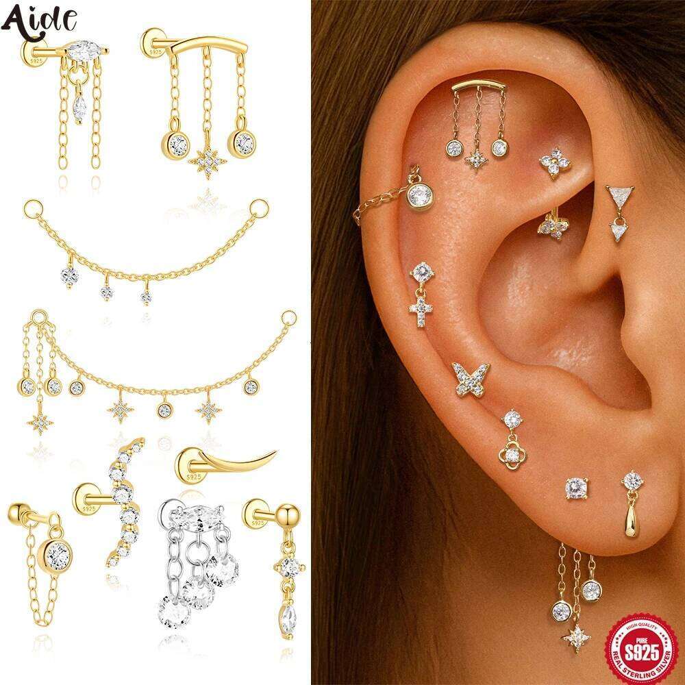 Aide 1pc 925 Sterling Silver Romantic Luxury Zircon Stars Screw Bead Stud Earrings for Women Korean Ear Bone Piercing Jewelry