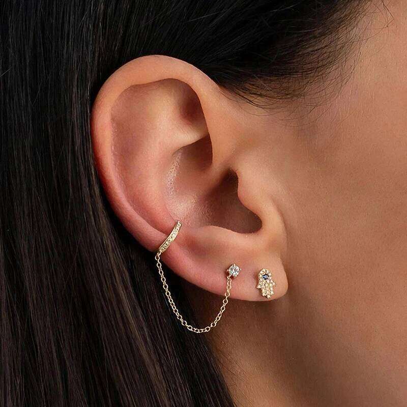 Aide 925 Sterling Silver Double Chain Ear Studs Micro Crystal Huggie Earrings Party DIY Jewelry Piercing Creative Earlobe Hoops