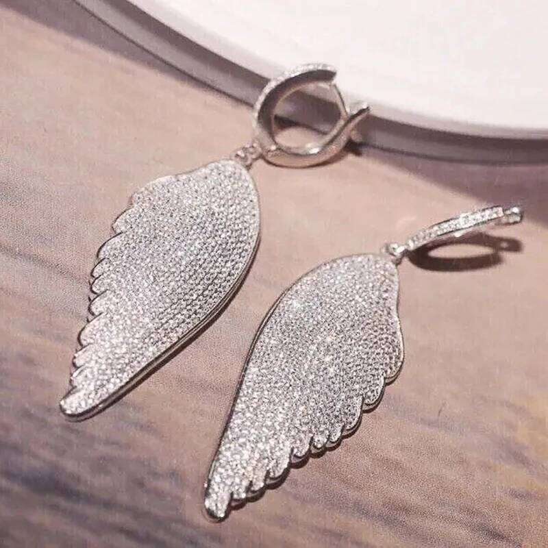 Huitan Sparkling Angel Wing Earrings with Brilliant Zirconia Female Exquisite Exaggerated Fashion Pendant Accessories Jewelry