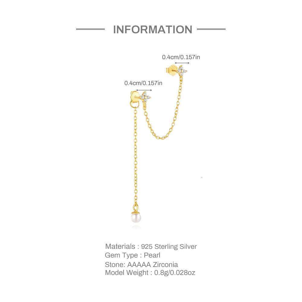 Aide Single 1pc 925 Sterling Silver Double Pierced Chain Zircon Lucky Stud Earrings Female Temperament Lover Party Birthday Gift