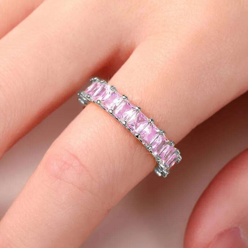 Huitan Crystal/Pink CZ Promise Rings Women Simple Stylish Finger-ring Wedding Engagement Bands Fashion Versatile Lady Jewelry