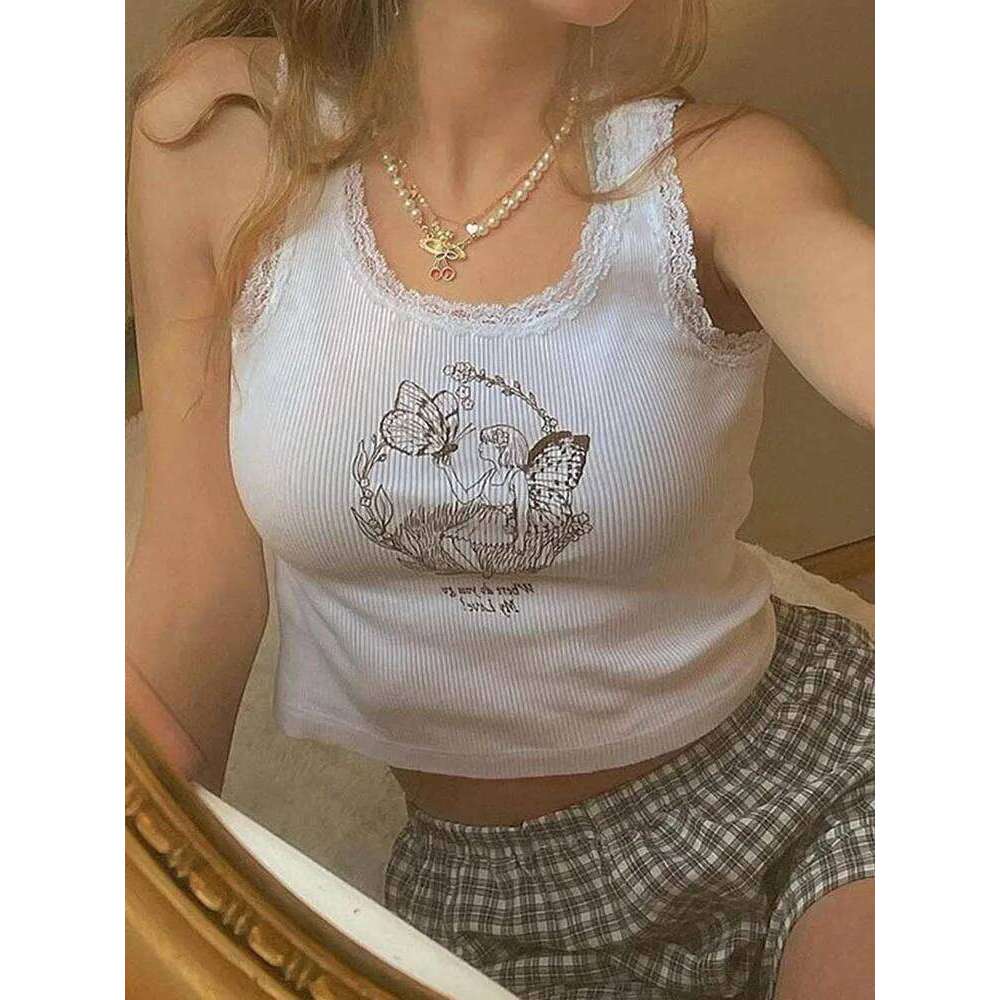Cartoon Printed Lace Trim White Crop Top Fairy Grunge Summer Clothes for Women Cute Slim Fit Ribbed Tank Tops