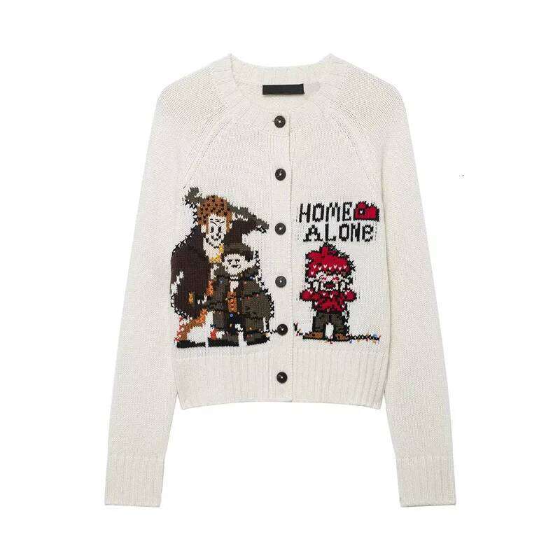 Women's Jacket Winter New White Long-Sleeve Home Alone Print Christmas Knit Cardigan Fashionable Style