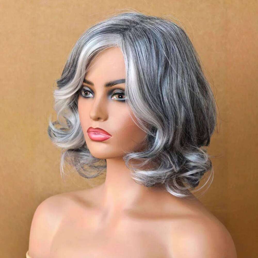 Women's European American Wig Gray-White Short with Fullness Side-Swept Long Bangs Export Synthetic Hair Cap