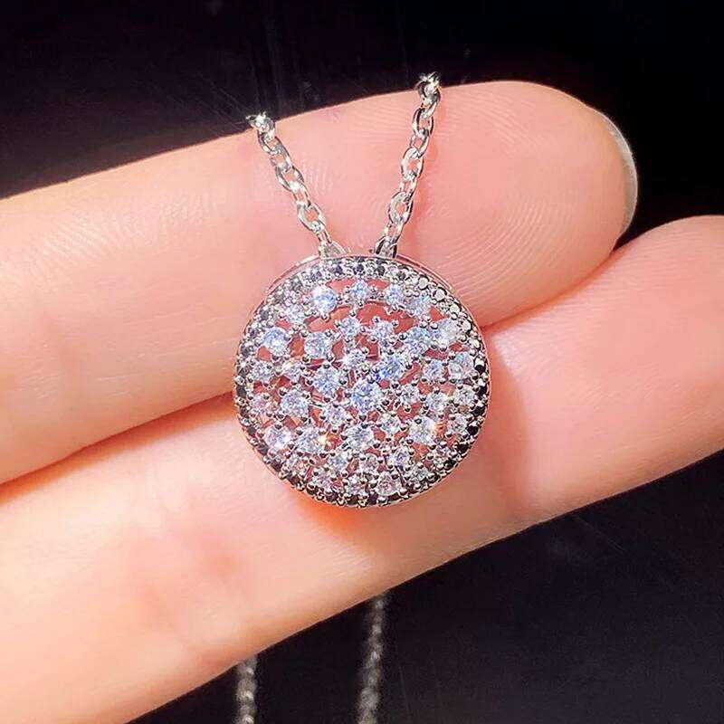 Huitan Full Dazzling CZ Stone Round Shaped Pendant Necklace Silver Color O Chain Luxury Wedding Accessories Women Trendy Jewelry