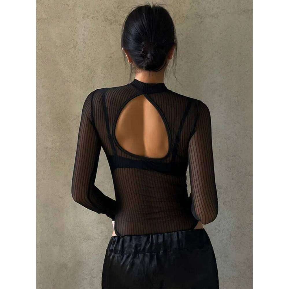 Summer perspective with backless hollow transparent club jumpsuit for women, solid color black T-shirt, elegant and sex