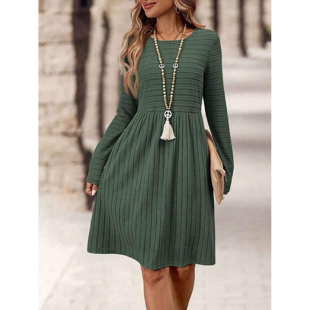2026 Cross-border European and American Autumn Winter Women's Fashion Solid Color Round Neck Long Sleeve Casual Dress