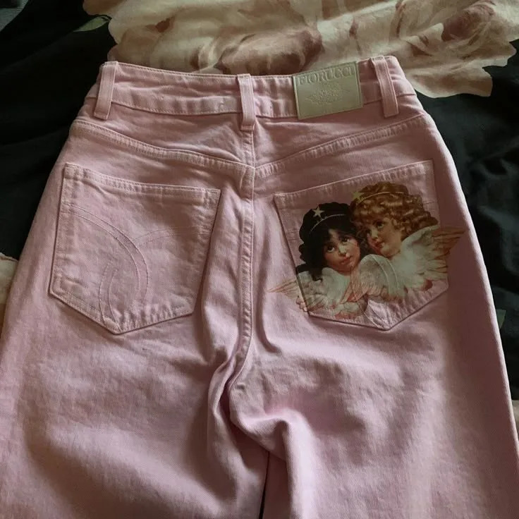 Y2K Light Pink Baggy Straight Leg Jeans Womens Clothing Harajuku Classic Angel Graphic Printed Trousers Gothic High Waist Pants 251231