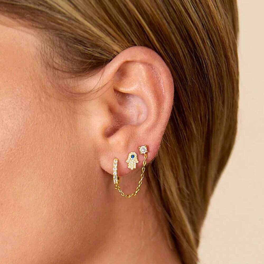 Aide 1pc 925 Sterling Silver Double Hole Chain Tassel Earrings For Women Fresh Green White CZ Zircon Pave Circle Stud Earring