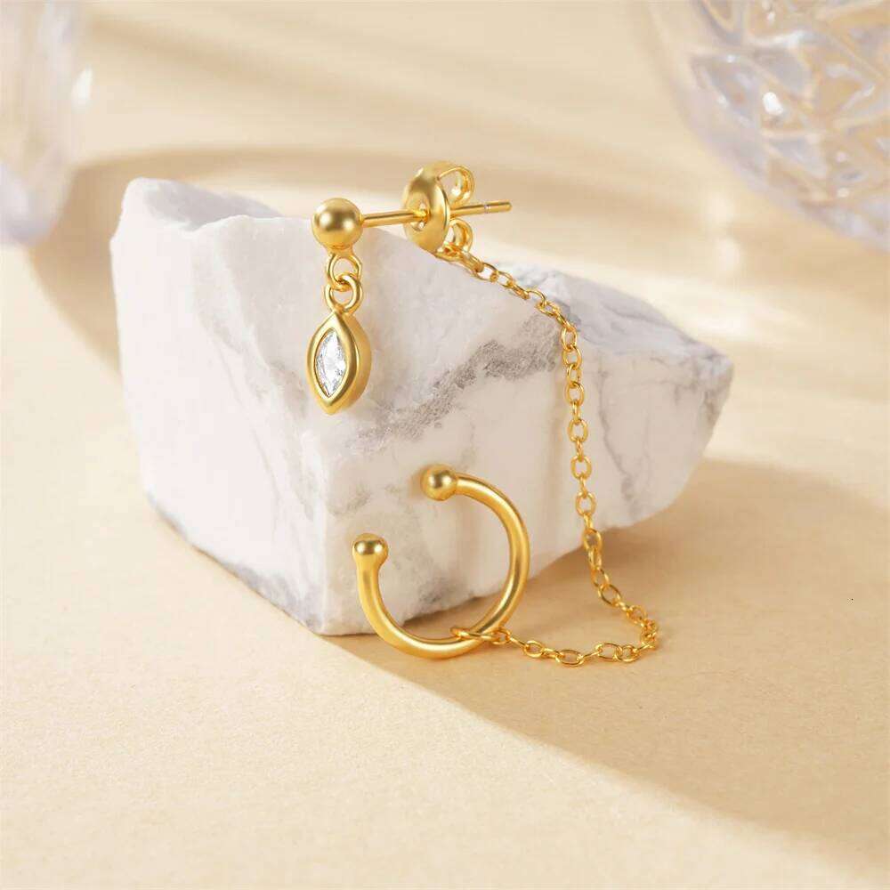 Aide 925 Sterling Silver 1pc Gold Ear Cuff With Waterdrop Tassel Chain Piercing Stud Earrings For Women Simple Fine Jewelry Gift