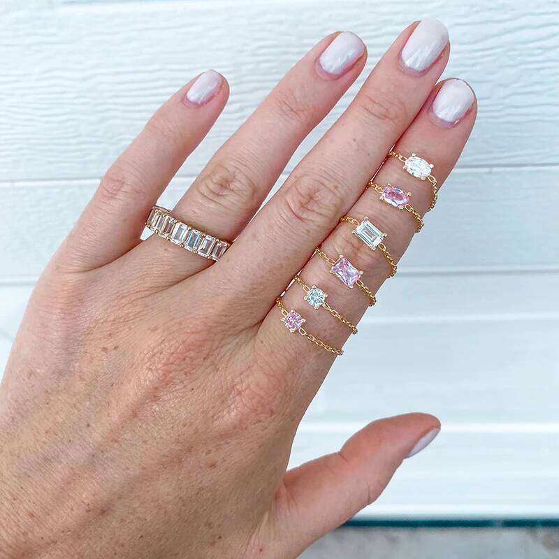 Aide 925 Sterling Silver Four Geometric Shapes Heart Zircon Adjustable Chain Colorful Green Pink Crystal Opal Summer Rings