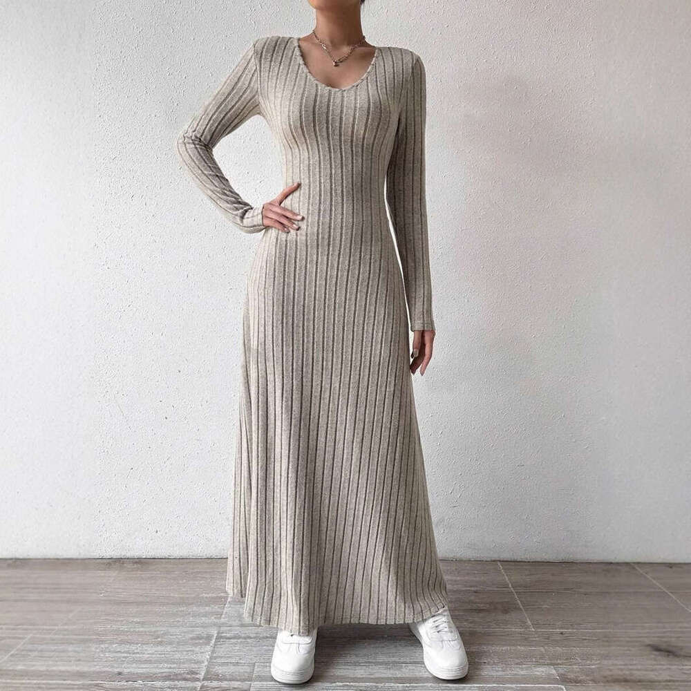 European and American Cross-Border Slim Fashion Women's Knitted Solid Color Sleeve A-Line Street Long Dress for Women