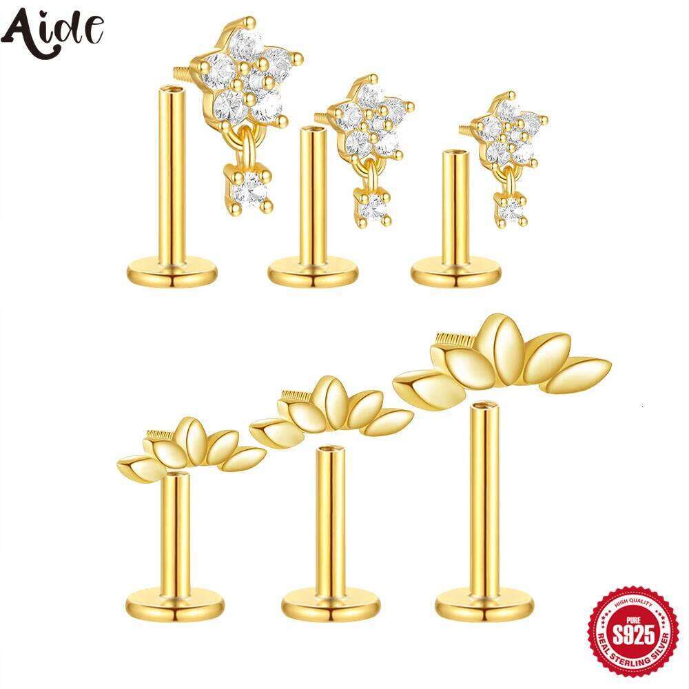 Aide 3pcs Needle 5/6/8mm Flat Head Cartilage Piercing Stud Earring Women 925 Sterling Silver Flower Zircon Gold Ear Studs