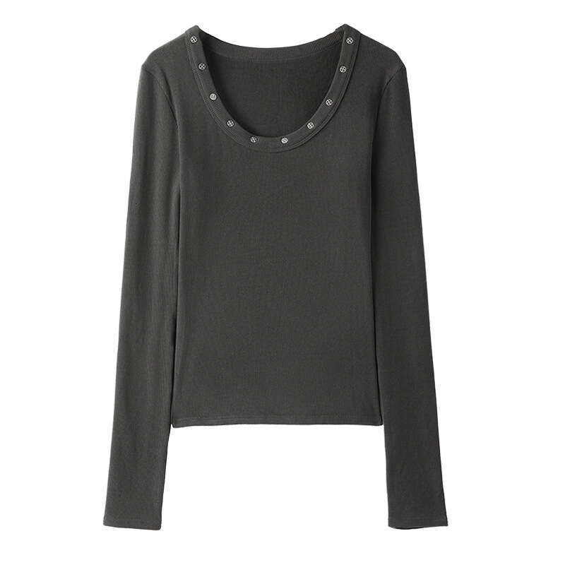 Autumn Winter De Velvet Threaded Large Round Neck Rivet Long Sleeve T-Shirt for Women, Slim Fit Base Shirt, Can Be Worn Outside